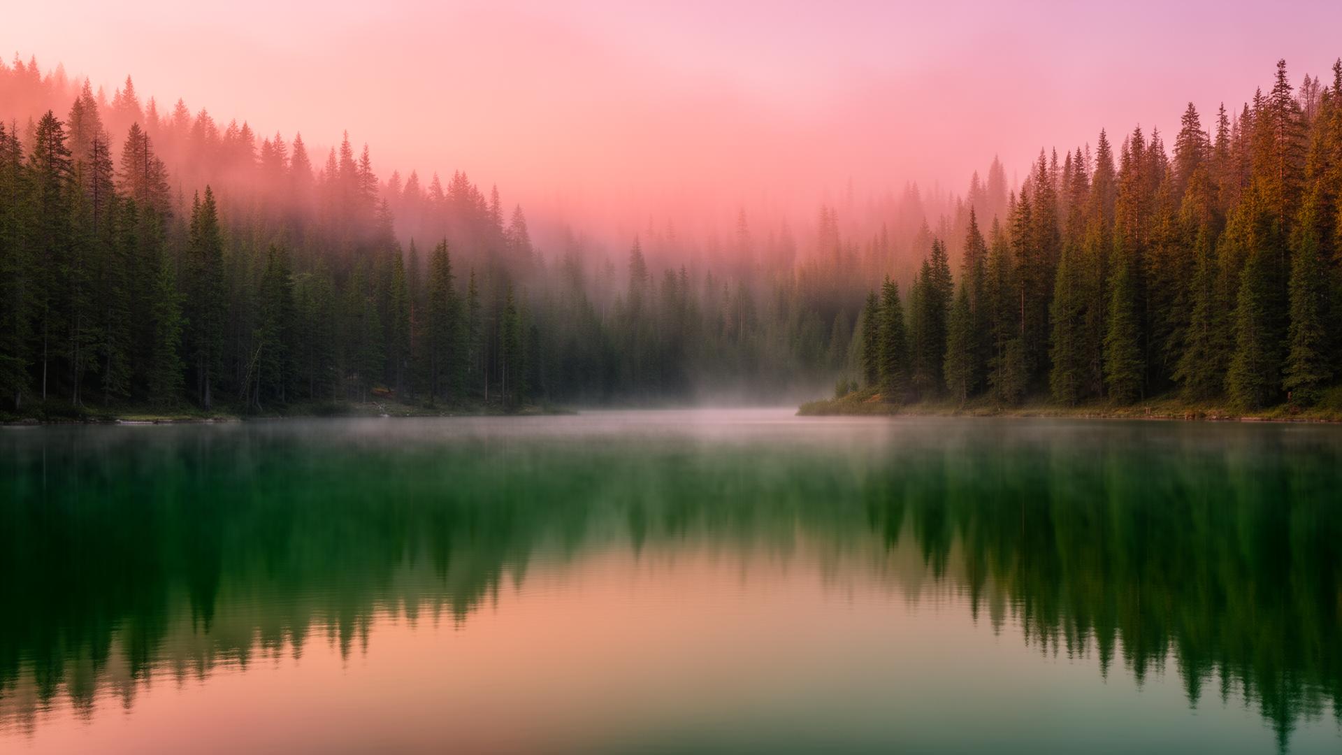 Misty lake at golden hour